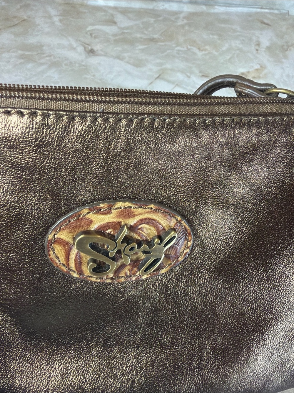 Sharif Metallic Bronze Leather Wristlet Zip Pouch Wallet Small Clutch - Picture 3 of 5